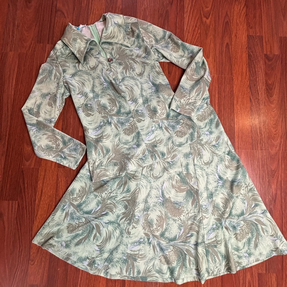 Vintage 70s Debbi Bee 2-Piece Dagger Collar Green Dress Skirt S/M Hippie Boho